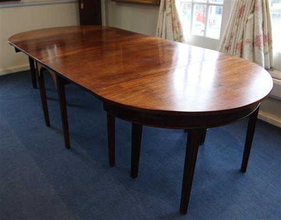 A George III mahogany D end extending dining table, Extended 9ft x 4ft H.2ft 3in.